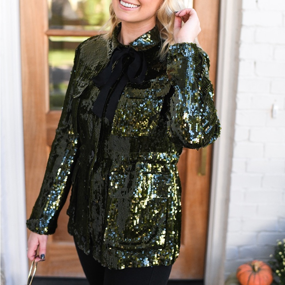 Veronica Beard Green Sequin Jacket featuring optional grosgrain ribbon belt/tie